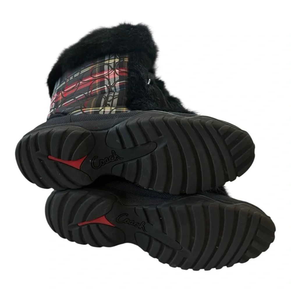 COACH Jennie Tartan Plaid Rabbit Fur Trim Lace Up Winter Snow Boots Size 9 - Picture 7 of 9
